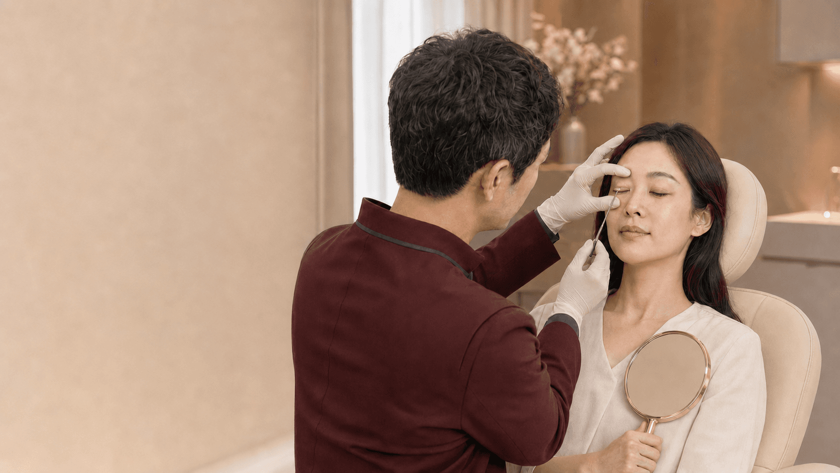 환자의 눈 상태를 세심하게 살피는 상담 장면